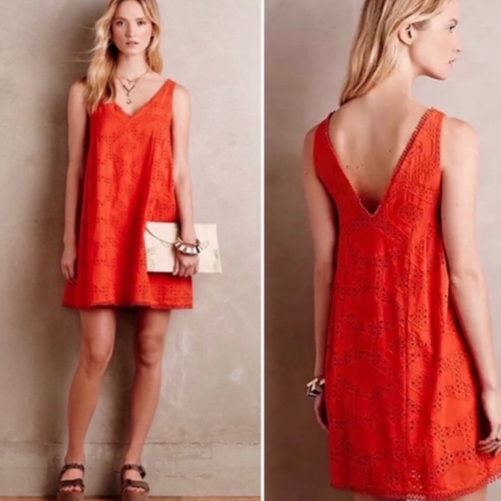 MAEVE | Orange Eyelet Lace Vneck Back Sleeveless Dress Medium